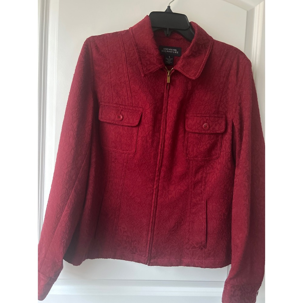 Jones New York Signature Red Floral Jacquard Zip Up Jacket Womens Large L